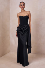 Oakley | Black Satin Bandeau Maxi Dress With Draped Skirt