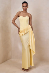 Oakley | Lemon Satin Bandeau Maxi Dress With Draped Skirt