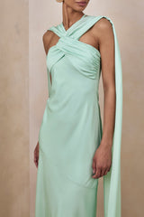Sloane | Mint Satin Halter-Neck Maxi Dress With Cape