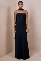 Charly | Black Satin Bandeau Maxi Dress With Scarf-Detail