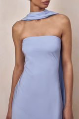 Charly | Powder Blue Satin Bandeau Maxi Dress With Scarf-Detail