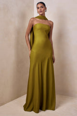 Charly | Olive Satin Bandeau Maxi Dress With Scarf-Detail