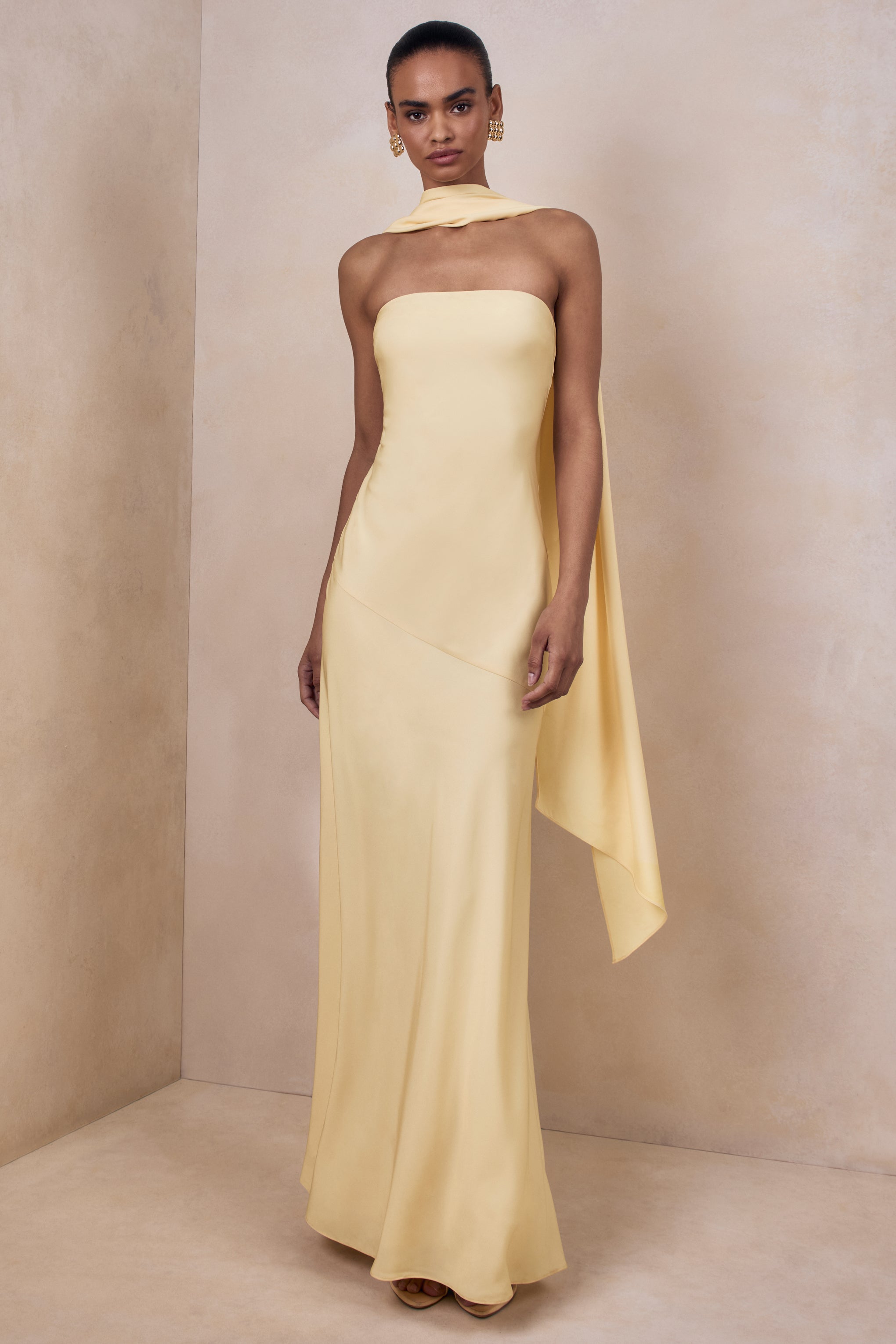Charly | Lemon Satin Bandeau Maxi Dress With Scarf-Detail