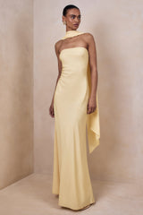 Charly | Lemon Satin Bandeau Maxi Dress With Scarf-Detail