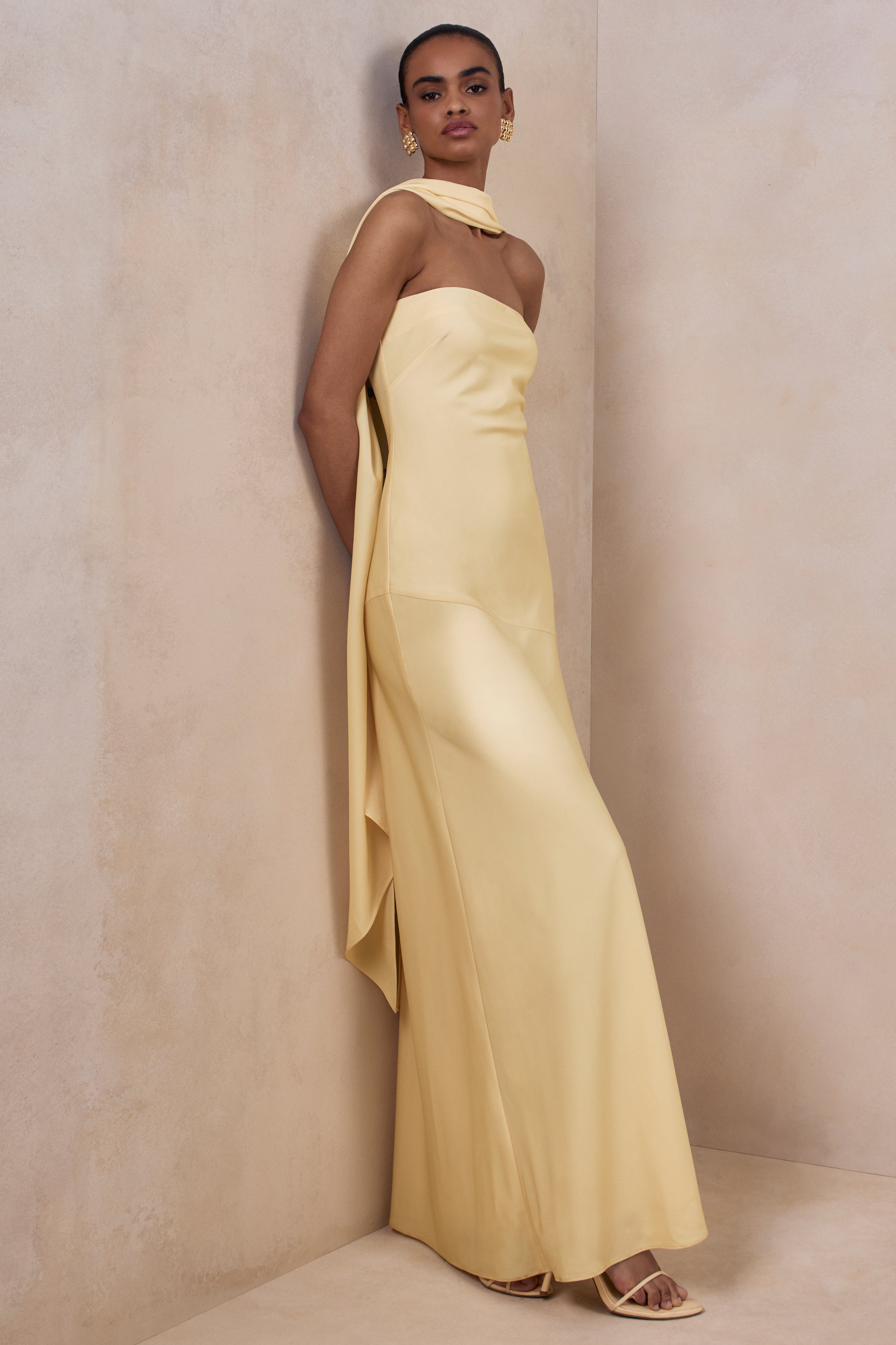 Charly | Lemon Satin Bandeau Maxi Dress With Scarf-Detail