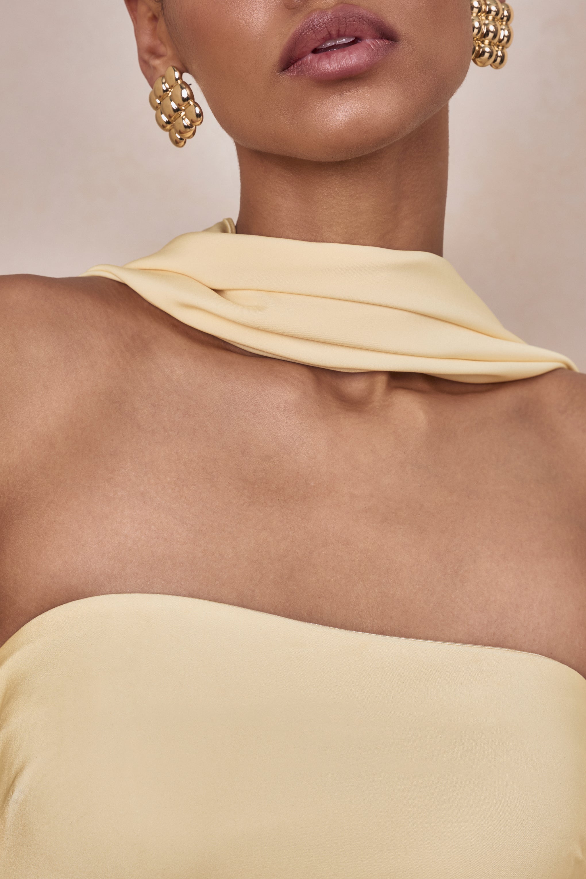 Charly | Lemon Satin Bandeau Maxi Dress With Scarf-Detail