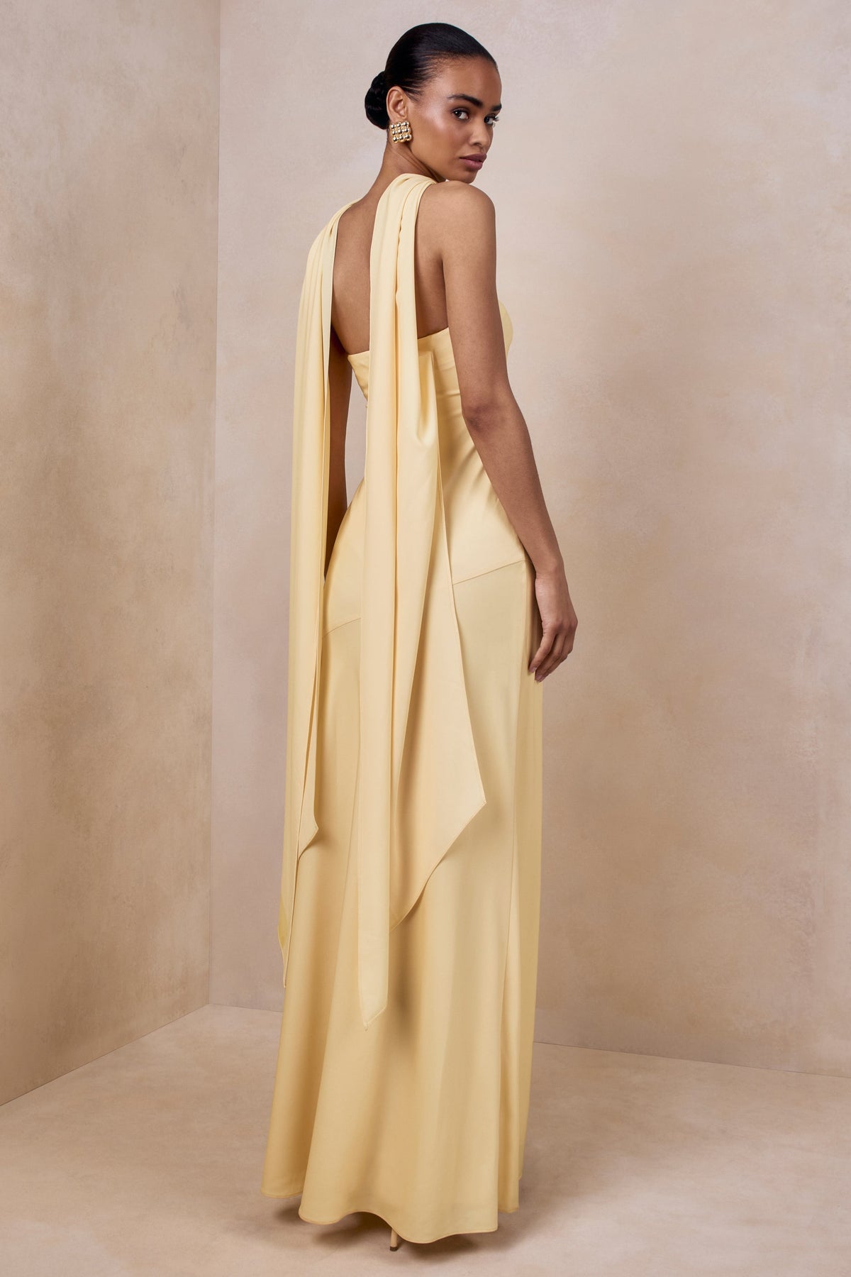 Charly | Lemon Satin Bandeau Maxi Dress With Scarf-Detail
