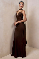 Starling | Brown Satin Plunge-Neck Maxi Dress With Scarf-Detail