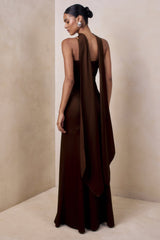 Starling | Brown Satin Plunge-Neck Maxi Dress With Scarf-Detail