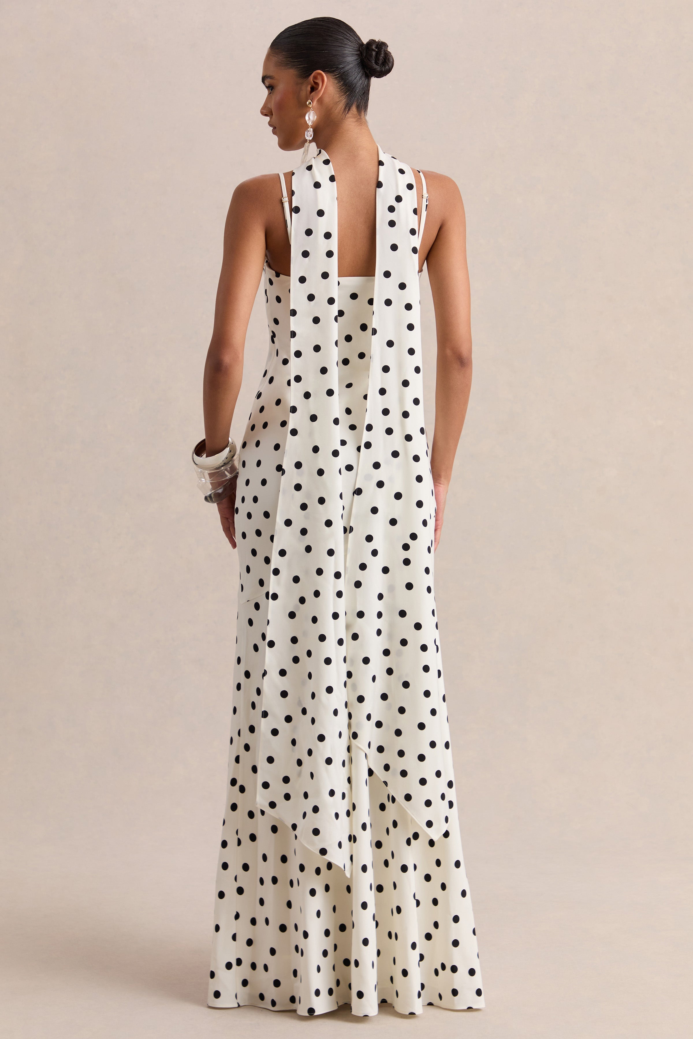 Starling | White & Black Polka Dot Satin Plunge-Neck Maxi Dress With Scarf-Detail