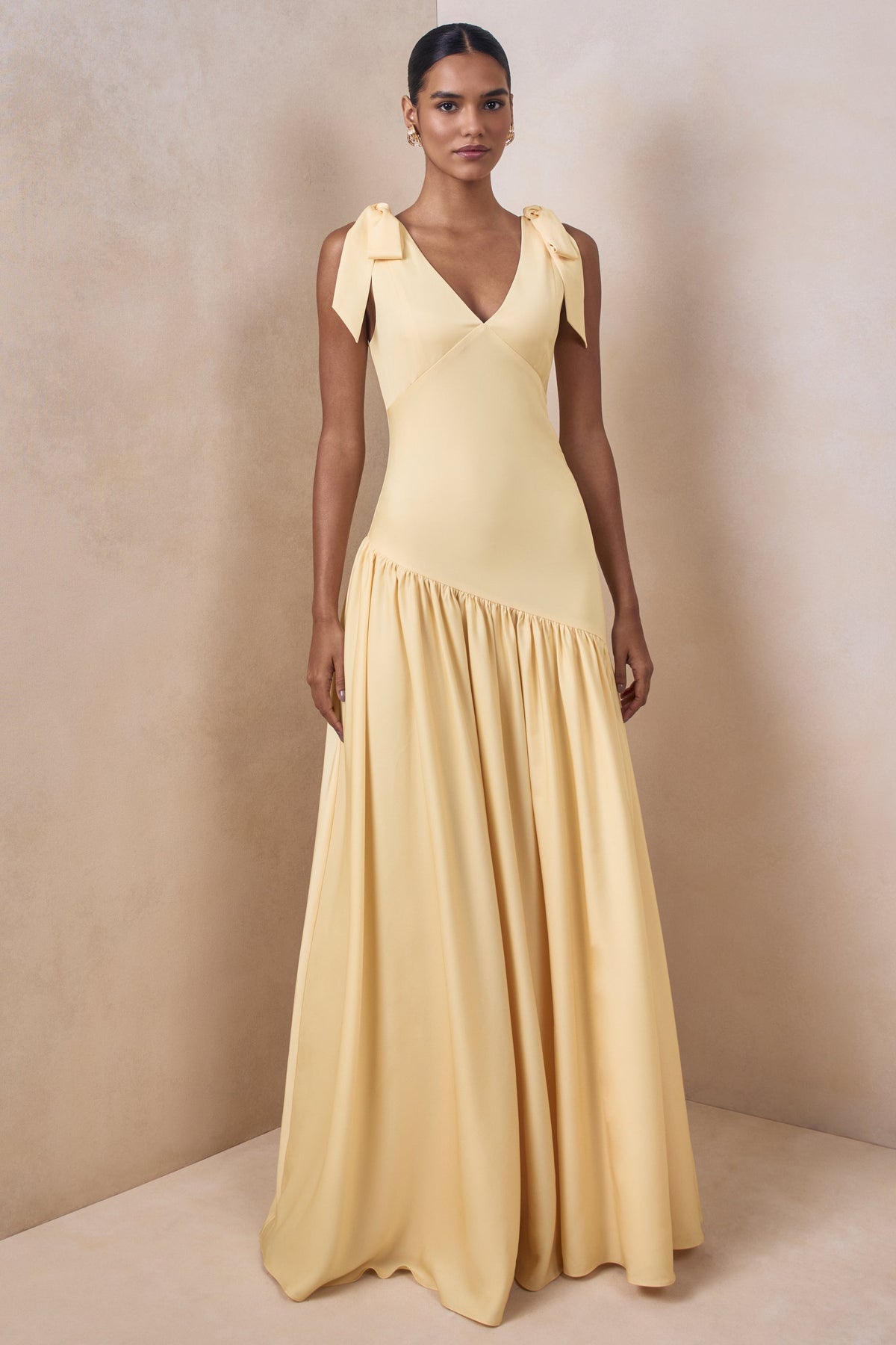 Cala | Lemon Satin Plunge-Neck Maxi Dress With Bow-Sleeves