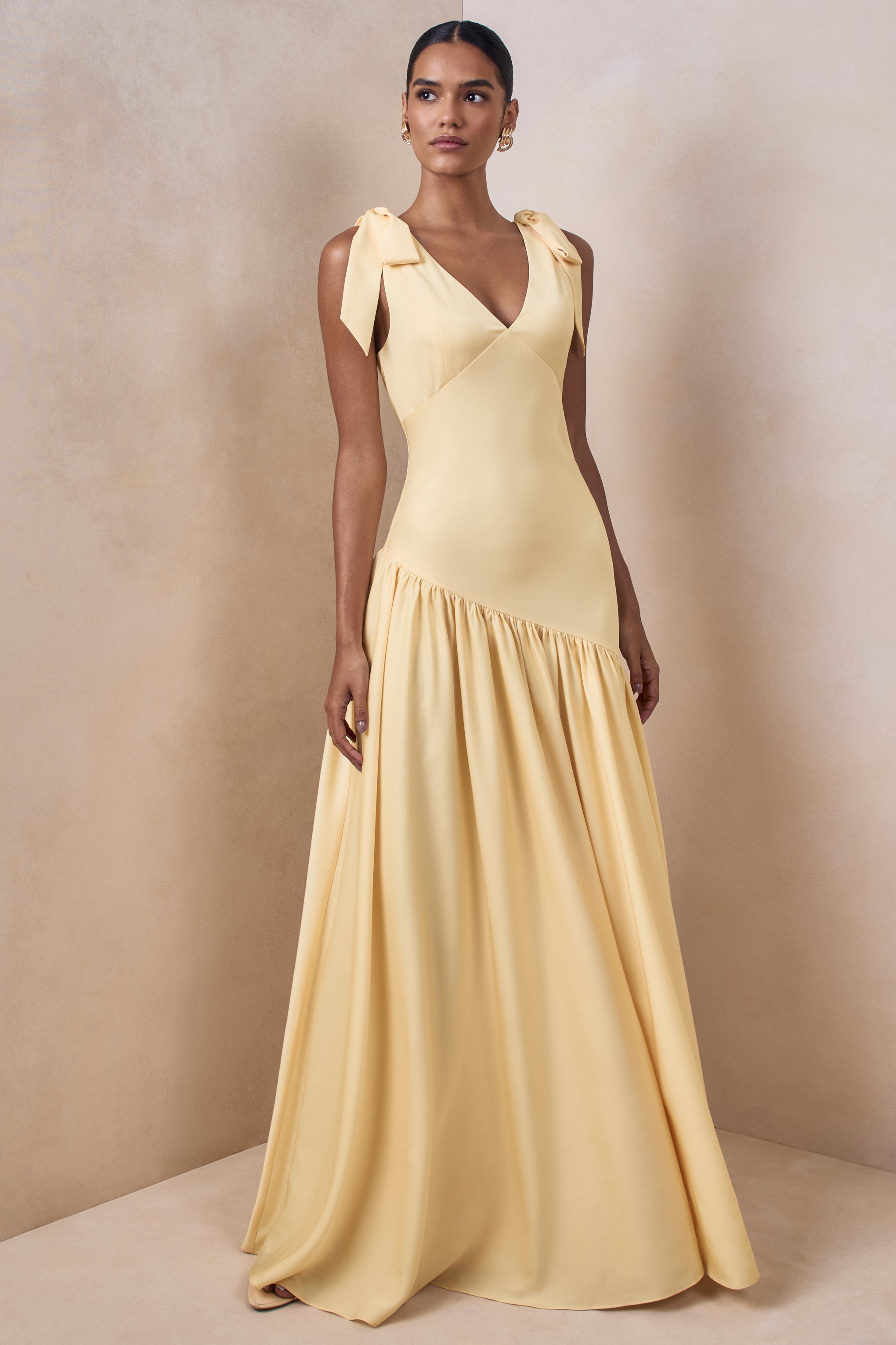 Cala | Lemon Satin Plunge-Neck Maxi Dress With Bow-Sleeves