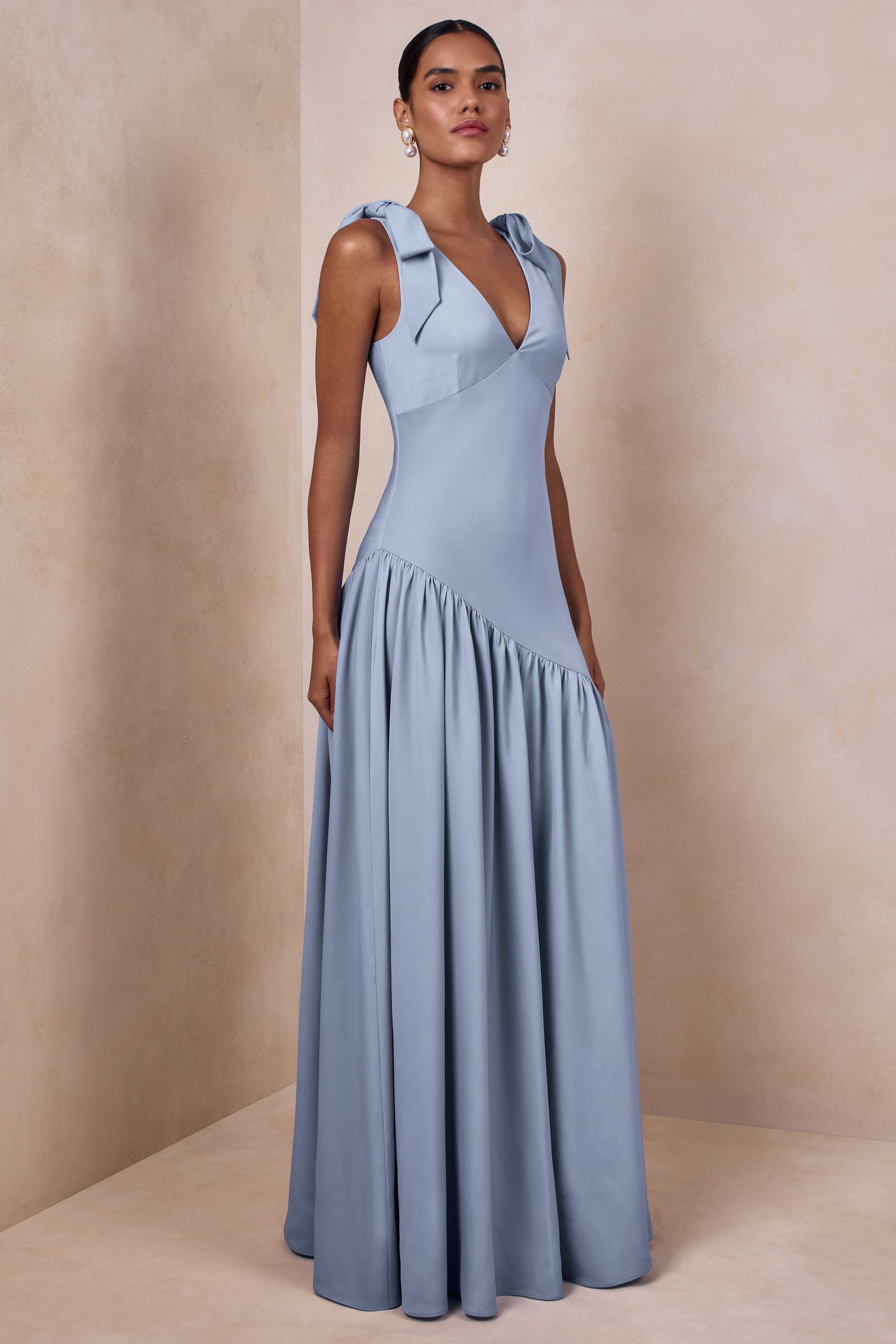 Cala | Powder Blue Satin Plunge-Neck Maxi Dress With Bow-Sleeves