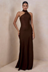 Cara | Brown Satin High-Neck Maxi Dress