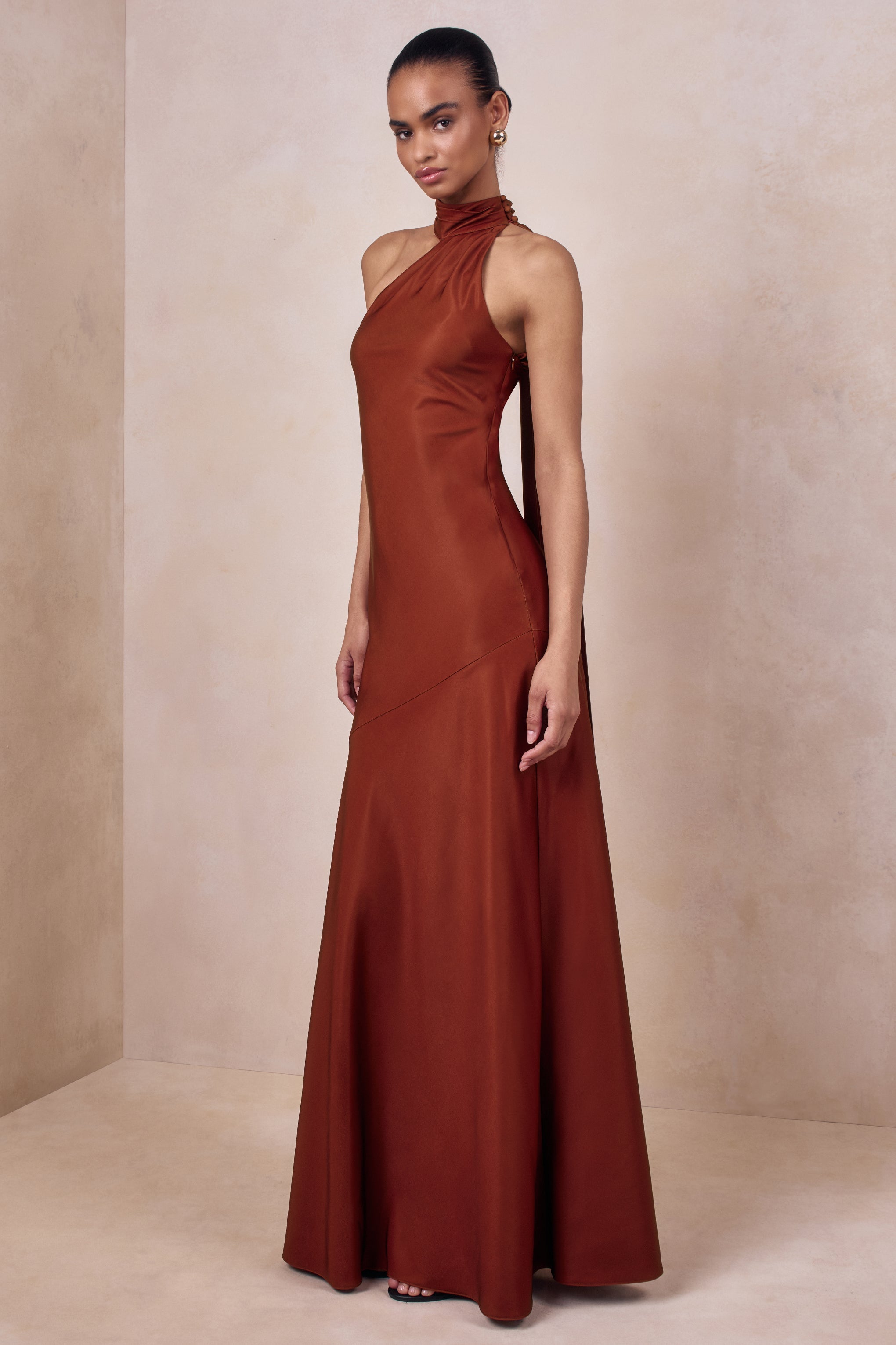 Cara | Rust Satin High-Neck Maxi Dress