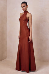 Cara | Rust Satin High-Neck Maxi Dress