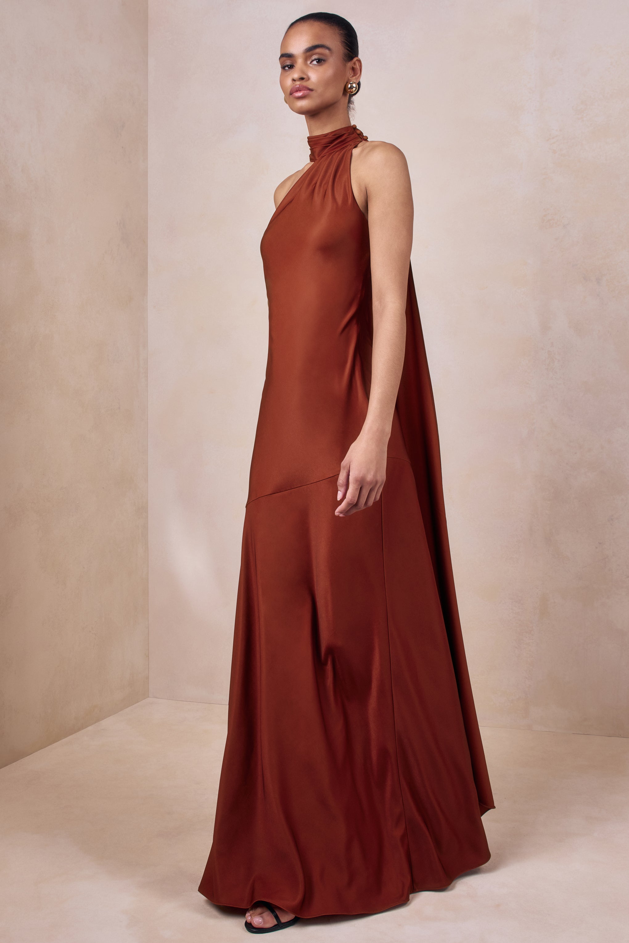 Cara | Rust Satin High-Neck Maxi Dress