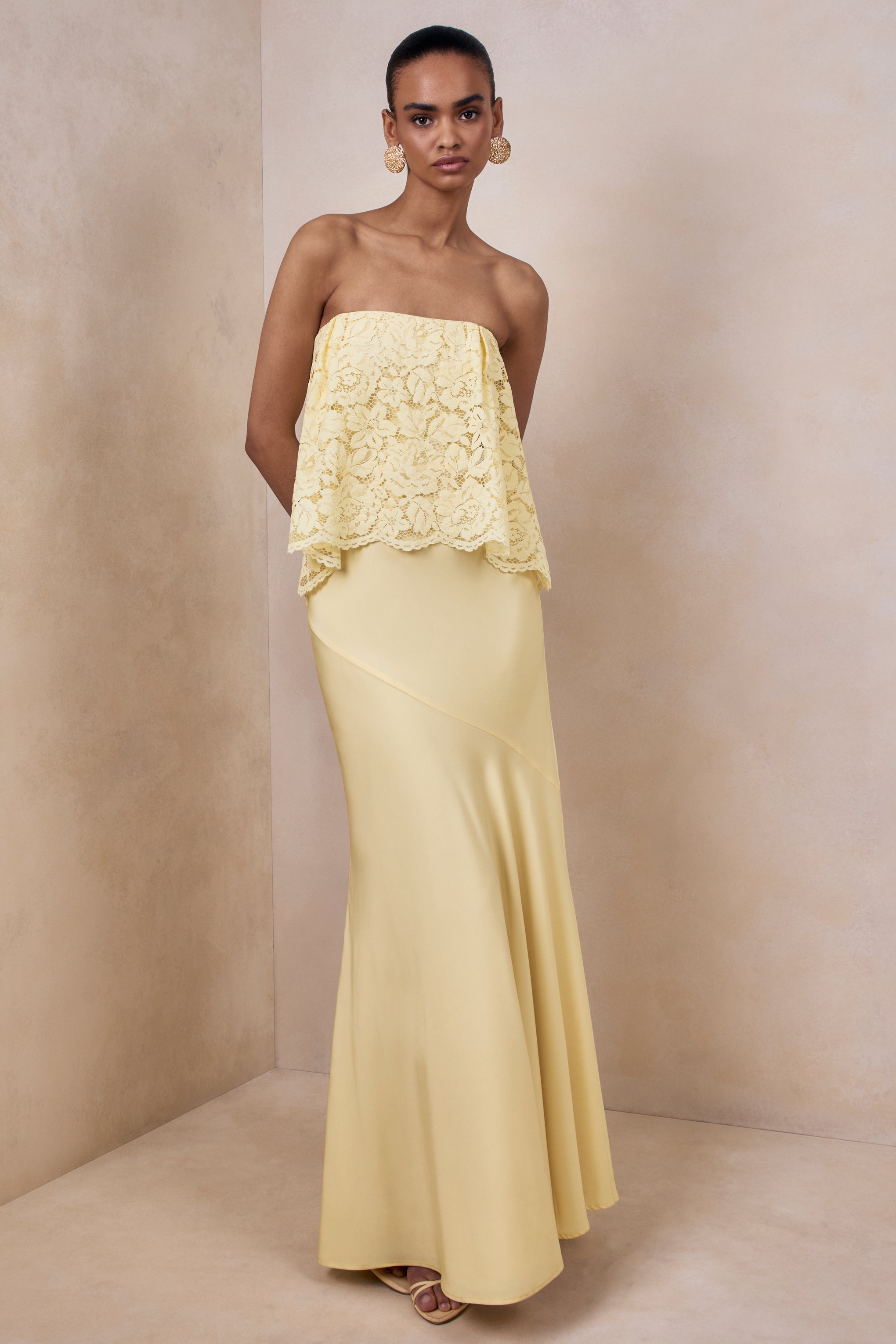 Clemency | Lemon Lace And Satin Bandeau Maxi Dress