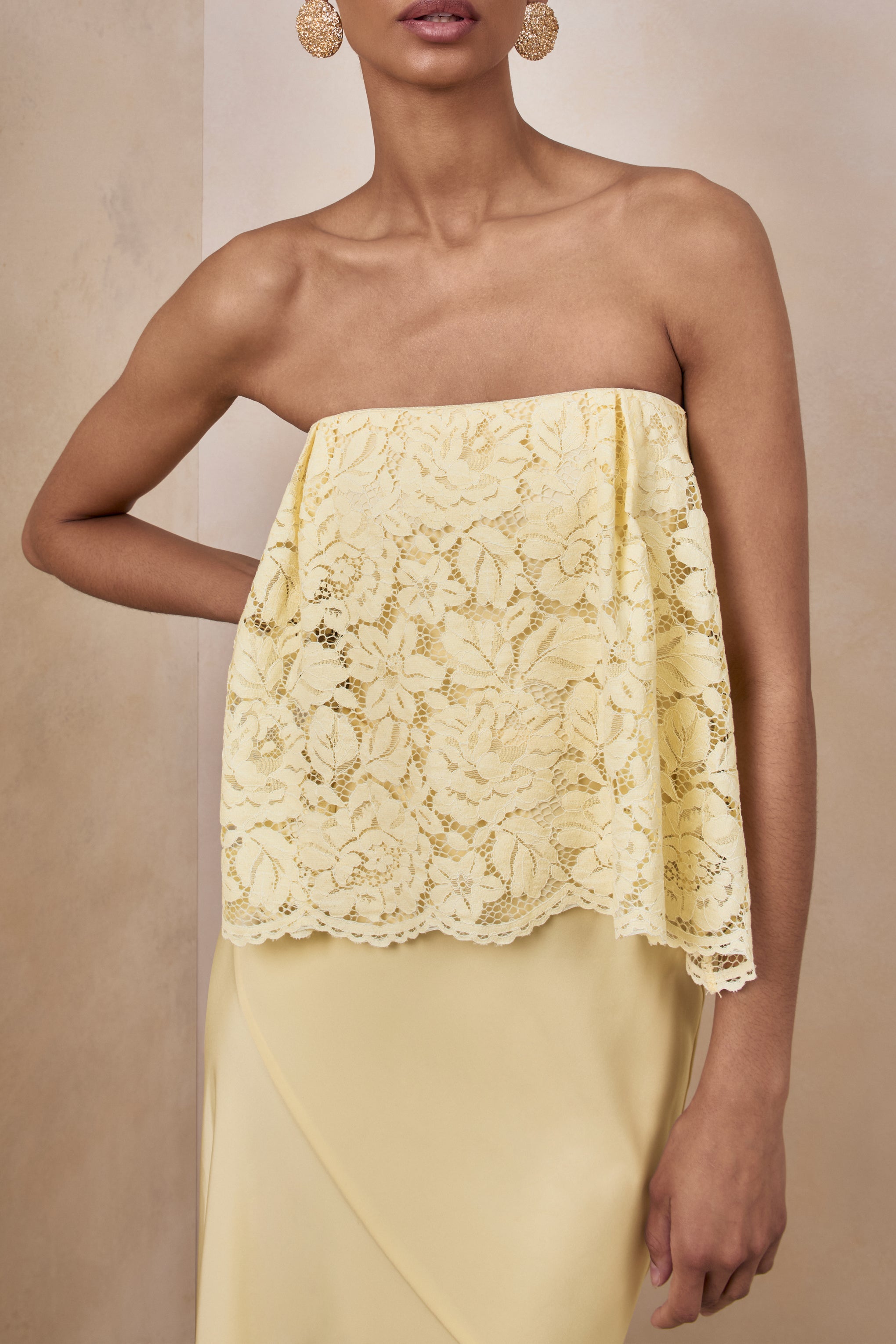 Clemency | Lemon Lace And Satin Bandeau Maxi Dress