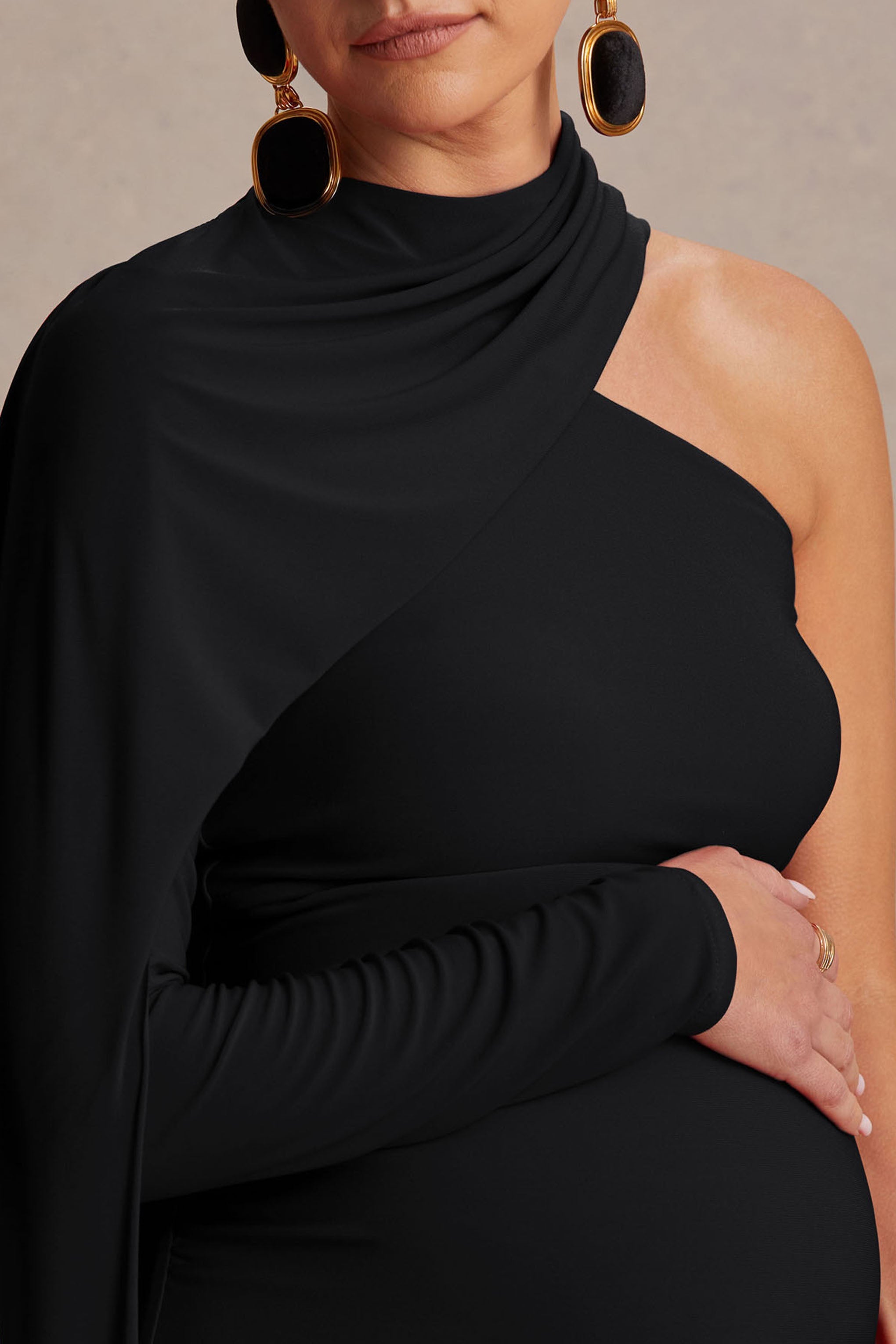 Tessy | Black Asymmetric-Neck Maternity Maxi Dress With Cape-Sleeve