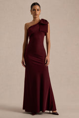 Josephine | Burgundy Satin Asymmetric-Neck Maxi Dress With Bow Detail