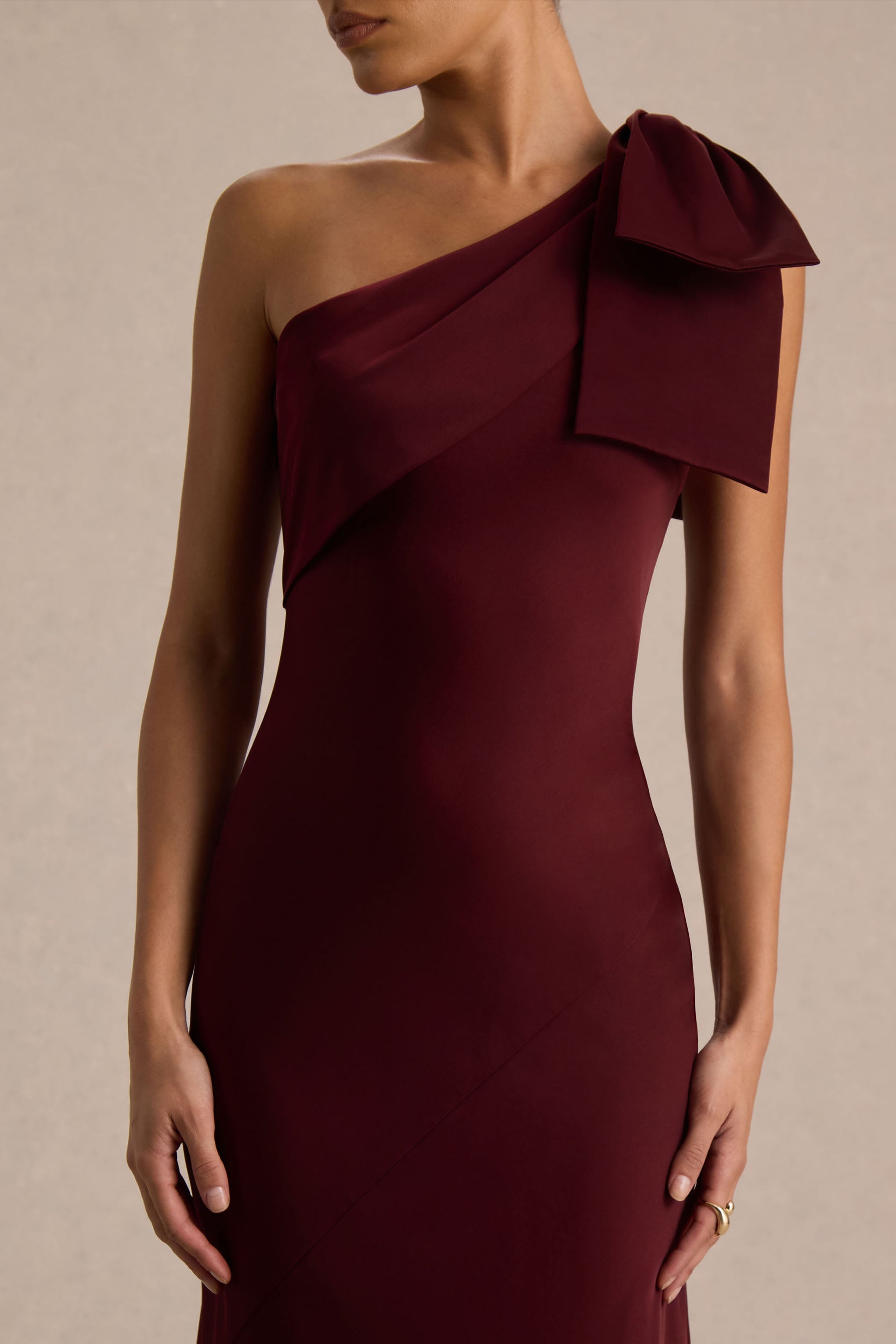 Josephine | Burgundy Satin Asymmetric-Neck Maxi Dress With Bow Detail