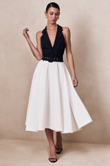 Alessa | Black & White Plunge-Neck Tailored Midi Dress