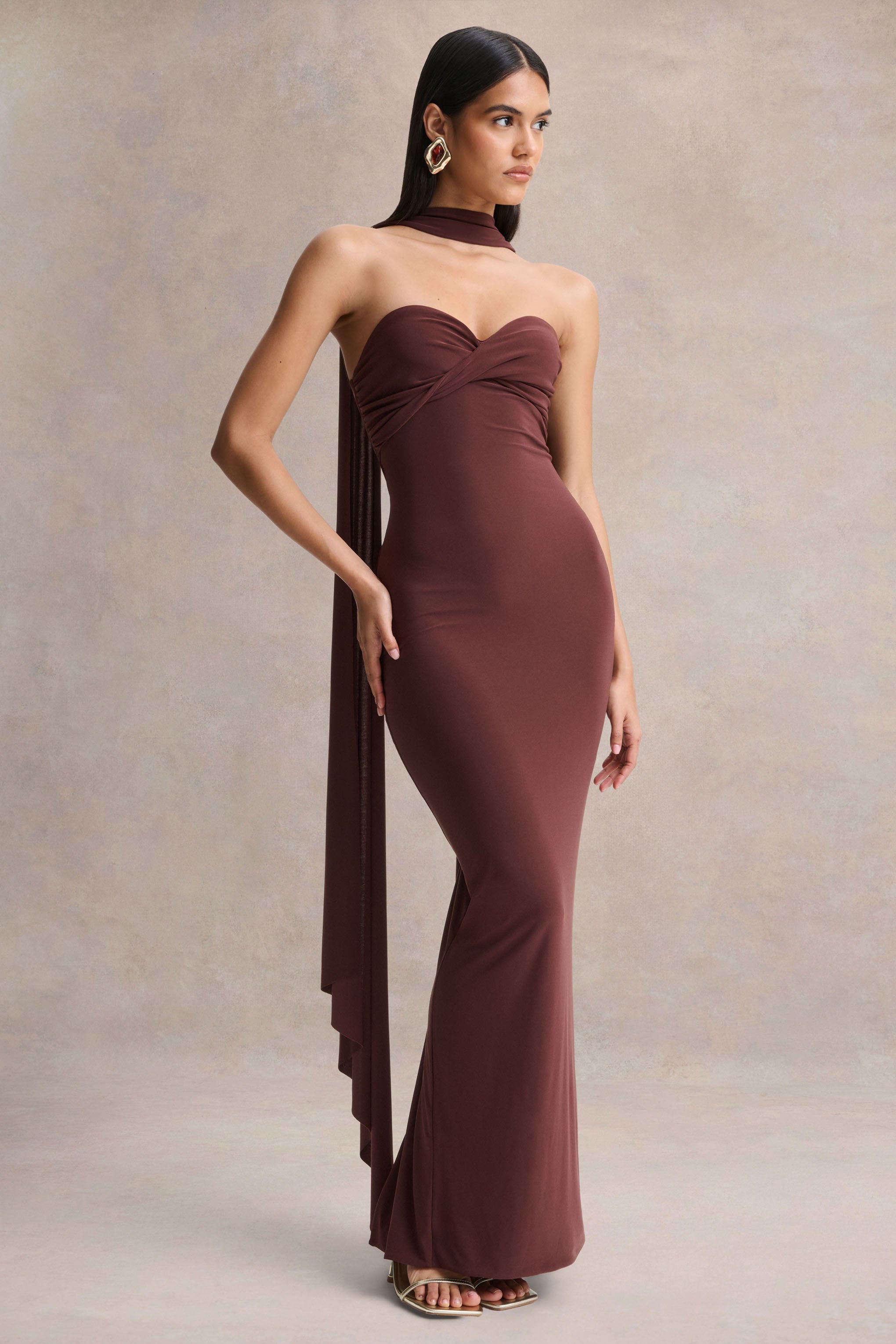 Sheila | Dark Brown Bandeau Maxi Dress With Scarf Detail