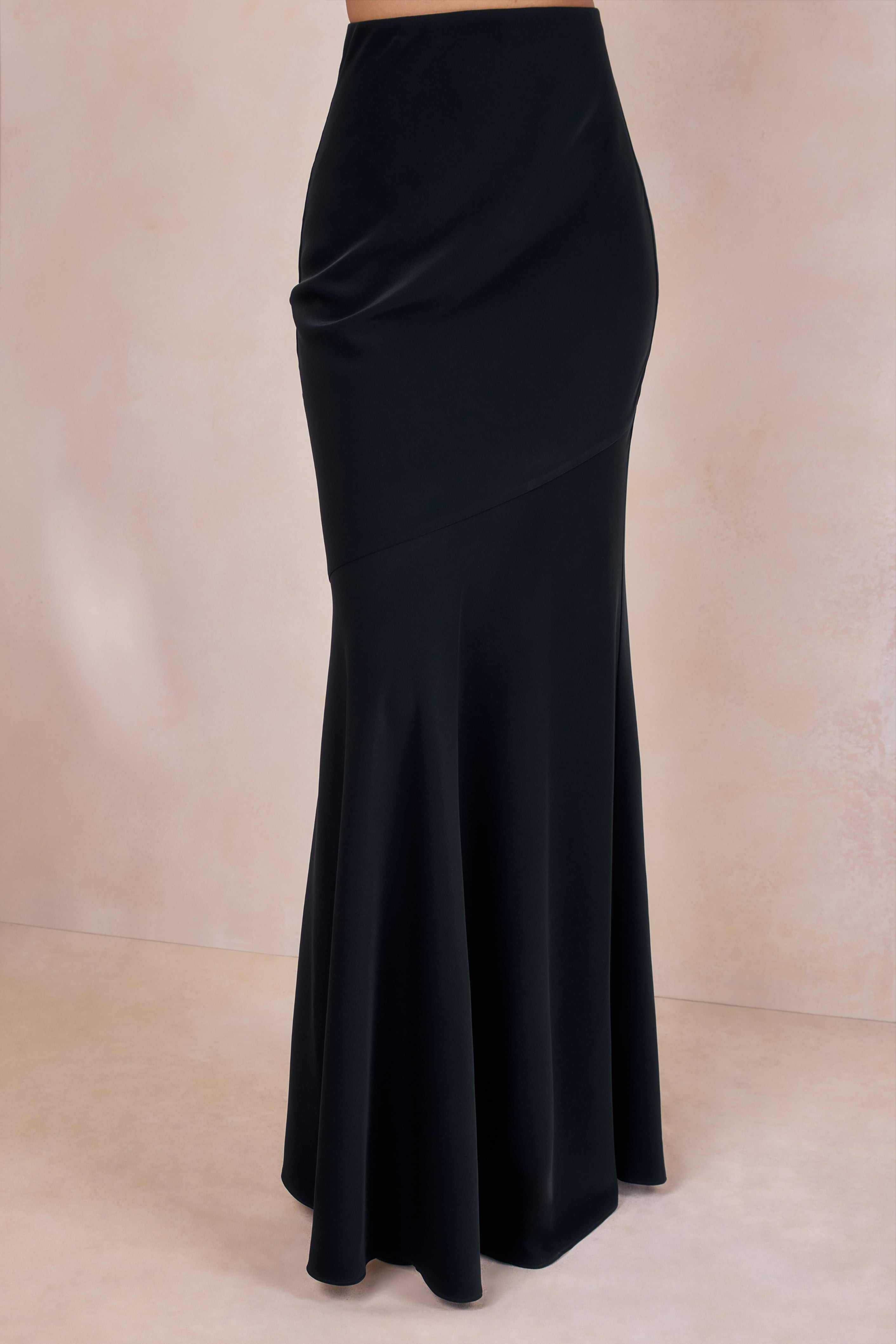 Vayla | Black Satin Asymmetric Drop-Waist Maxi Skirt