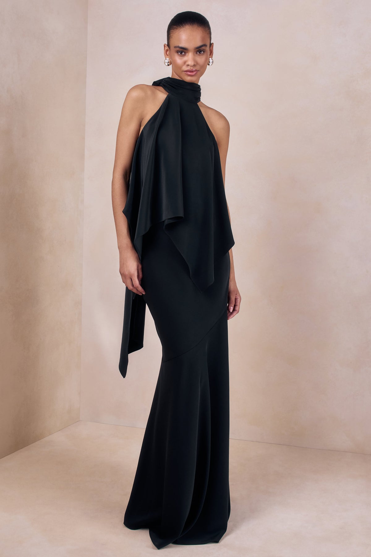 Vayla | Black Satin Asymmetric Drop-Waist Maxi Skirt