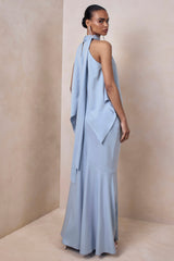 Vayla | Powder Blue Satin Asymmetric Drop-Waist Maxi Skirt