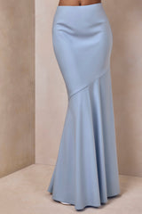 Vayla | Powder Blue Satin Asymmetric Drop-Waist Maxi Skirt