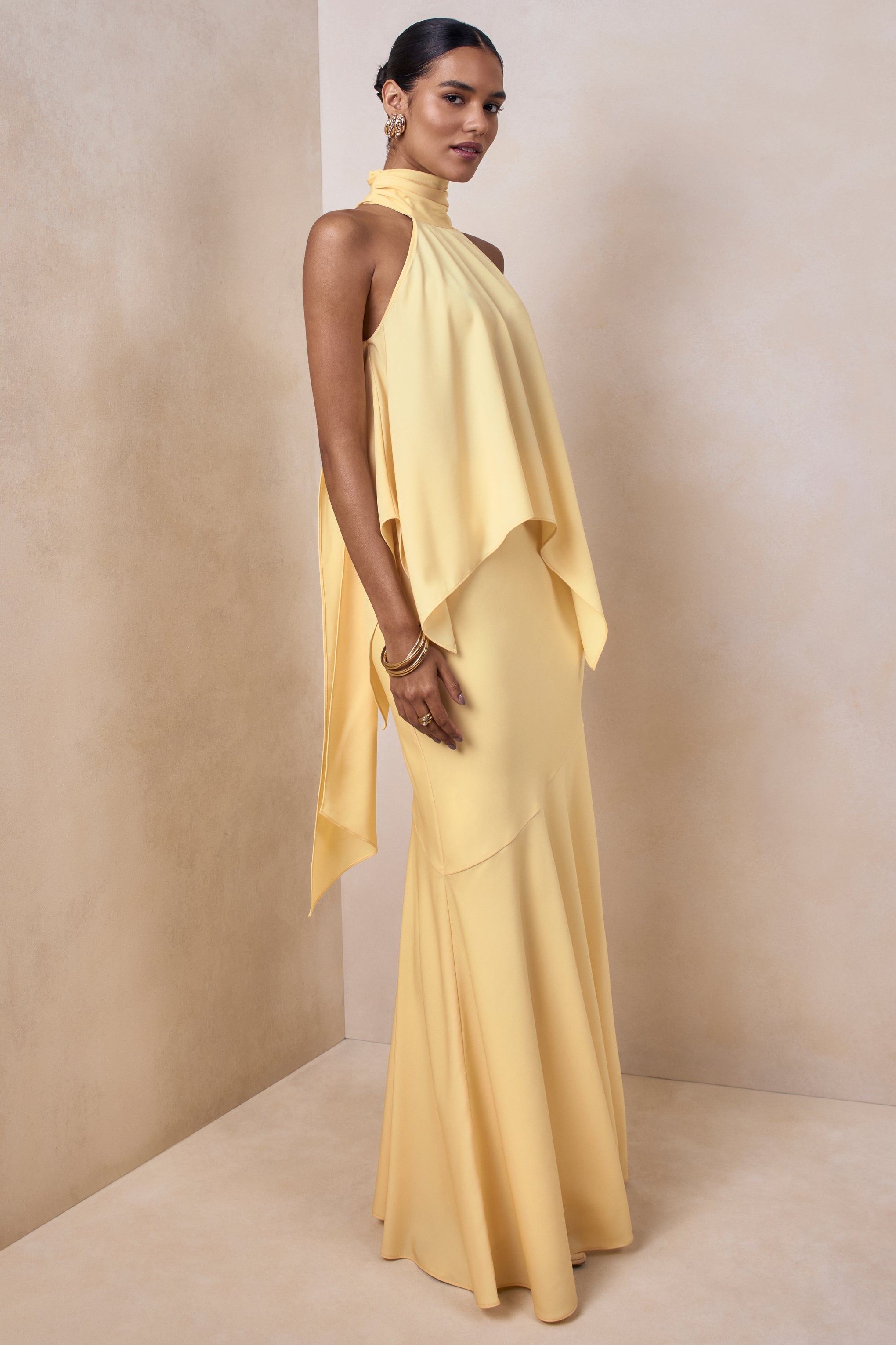 Vayla | Lemon Satin Asymmetric Drop-Waist Maxi Skirt