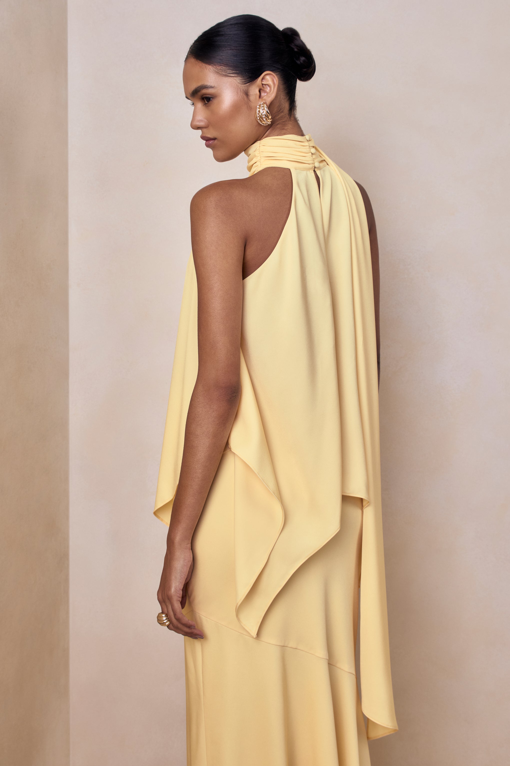 Vayla | Lemon Satin Asymmetric Drop-Waist Maxi Skirt
