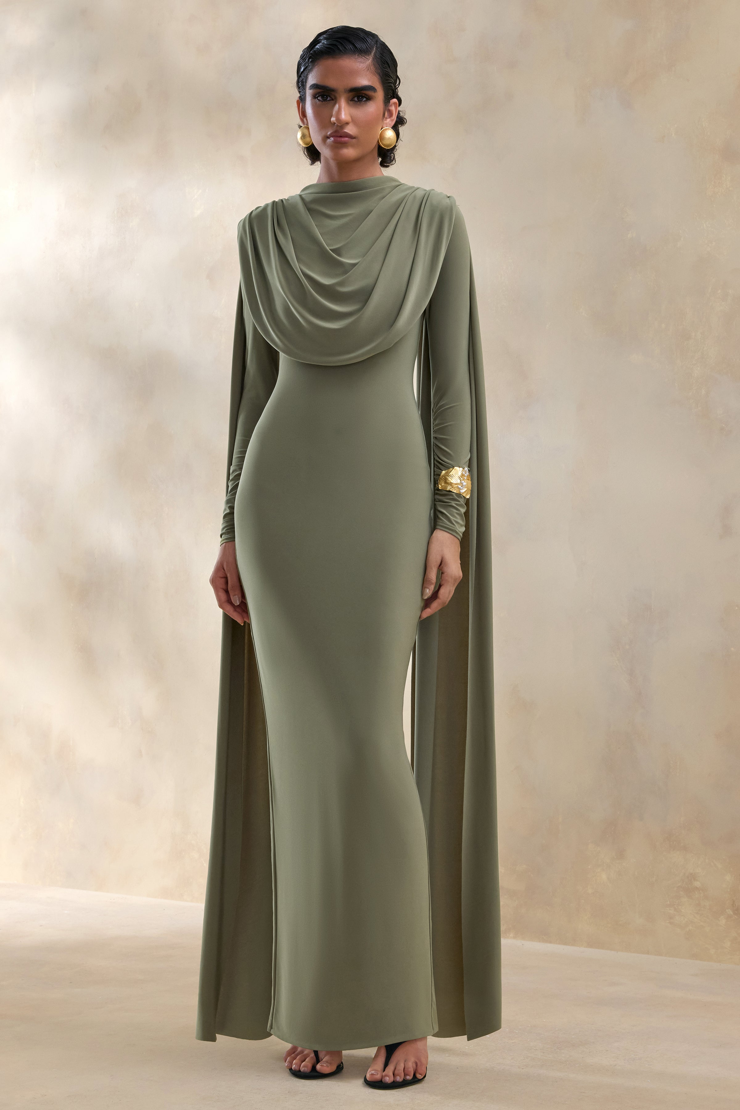 Lysoria | Olive High-Neck Maxi Dress With Draped-Detailing And Cape-Sleeves