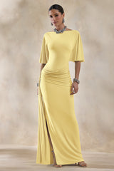 Emerelle | Lemon Wide-Neck Maxi Dress With Sash And Draped-Detailing