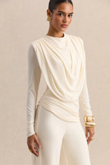 Raniella | White High-Neck Top With Gathered And Draped-Detailing