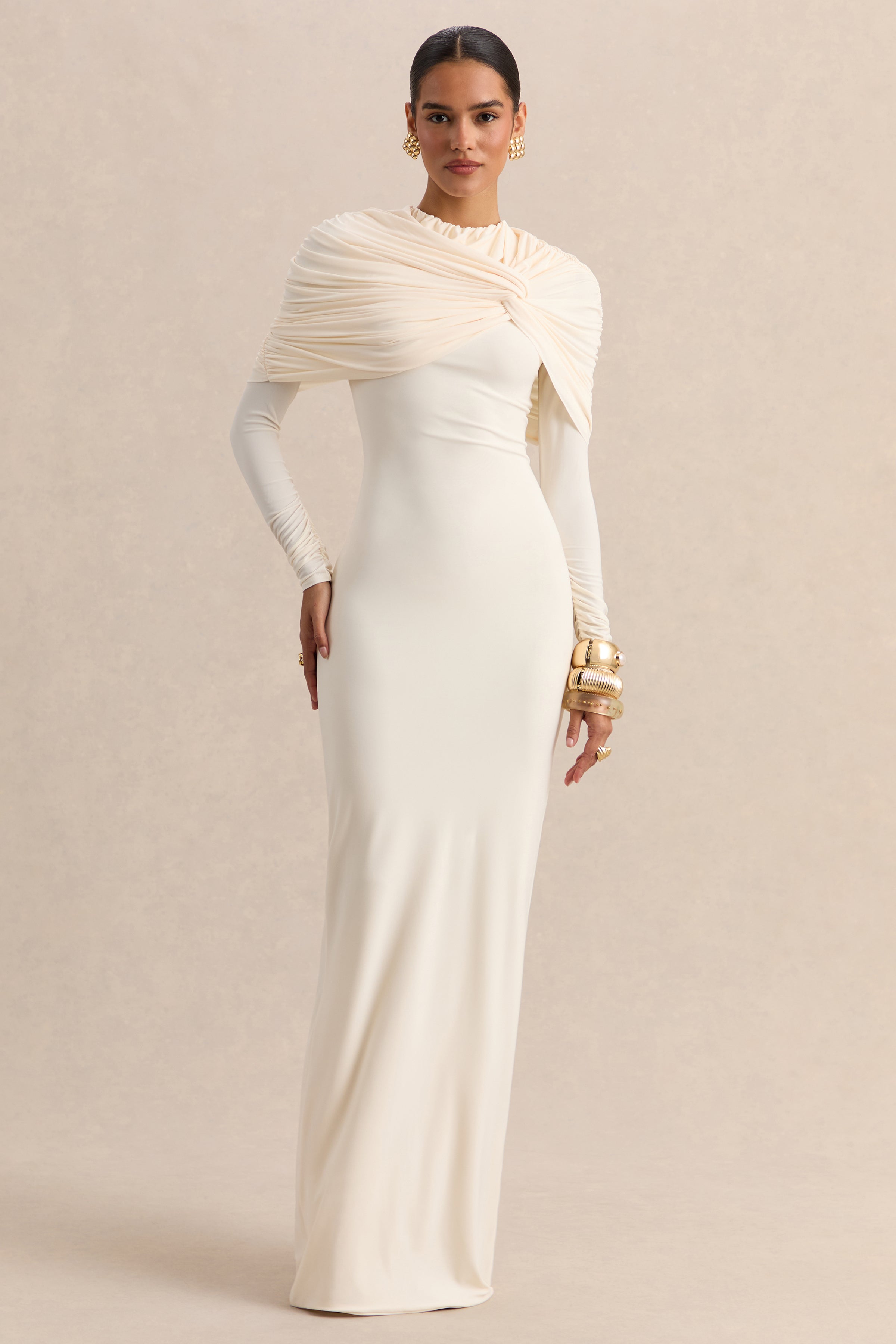 Evessa | Cream High-Neck Maxi Dress With Gathered-Detailing