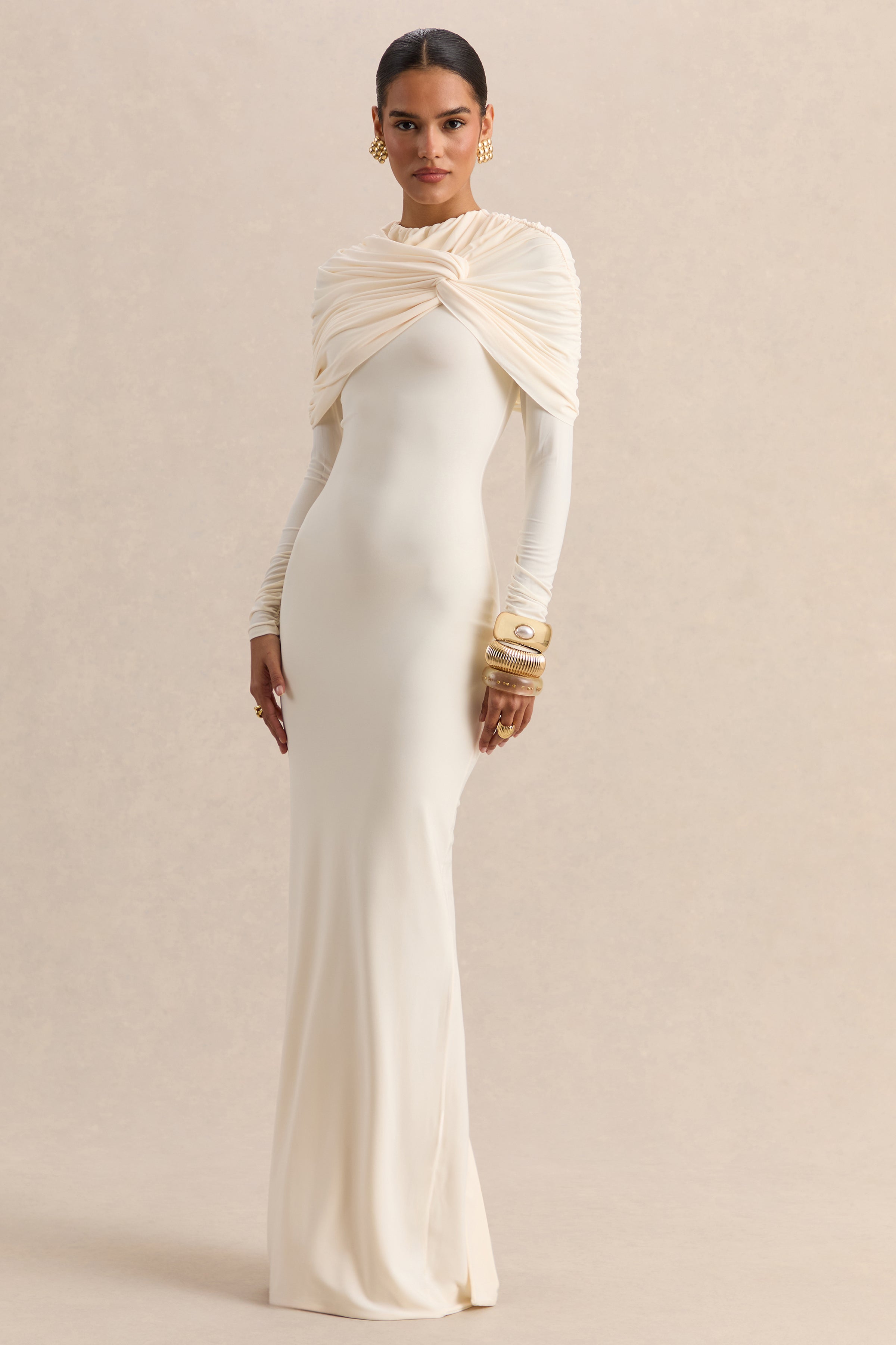 Evessa | Cream High-Neck Maxi Dress With Gathered-Detailing