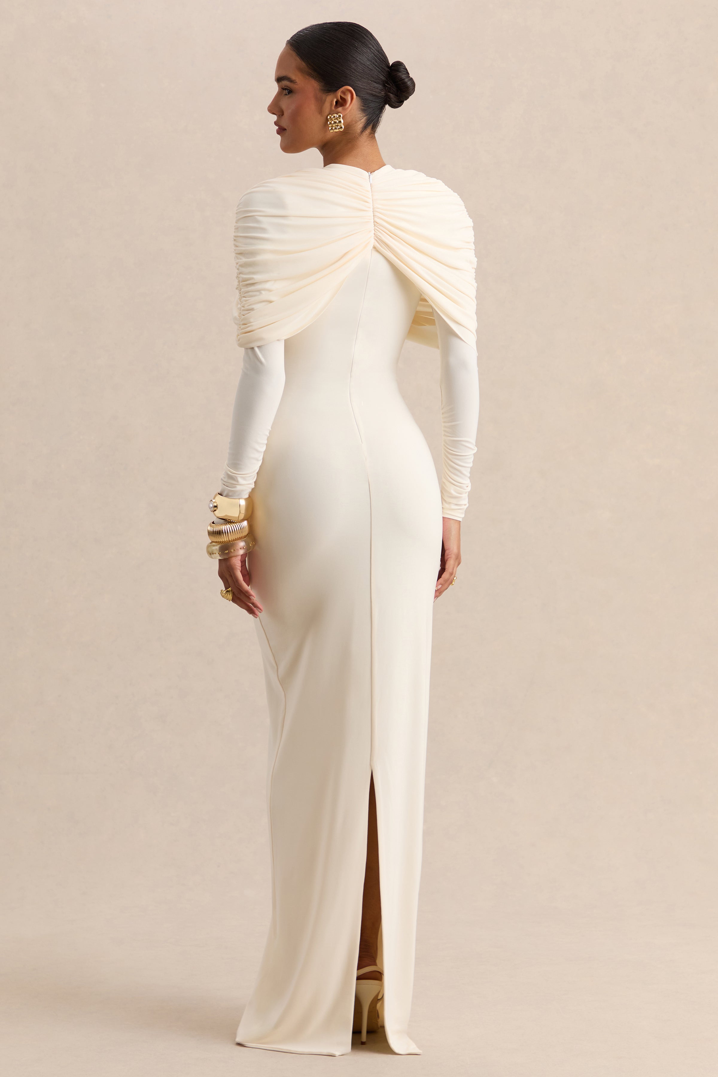 Evessa | Cream High-Neck Maxi Dress With Gathered-Detailing