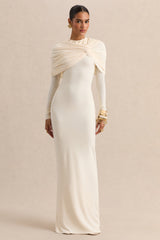 Evessa | Cream High-Neck Maxi Dress With Gathered-Detailing