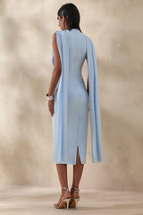 Lysandria | Powder Blue High-Neck Midi Dress With Draped-Detailing