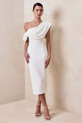 Farvera | White Draped Asymmetric-Neck Midi Dress