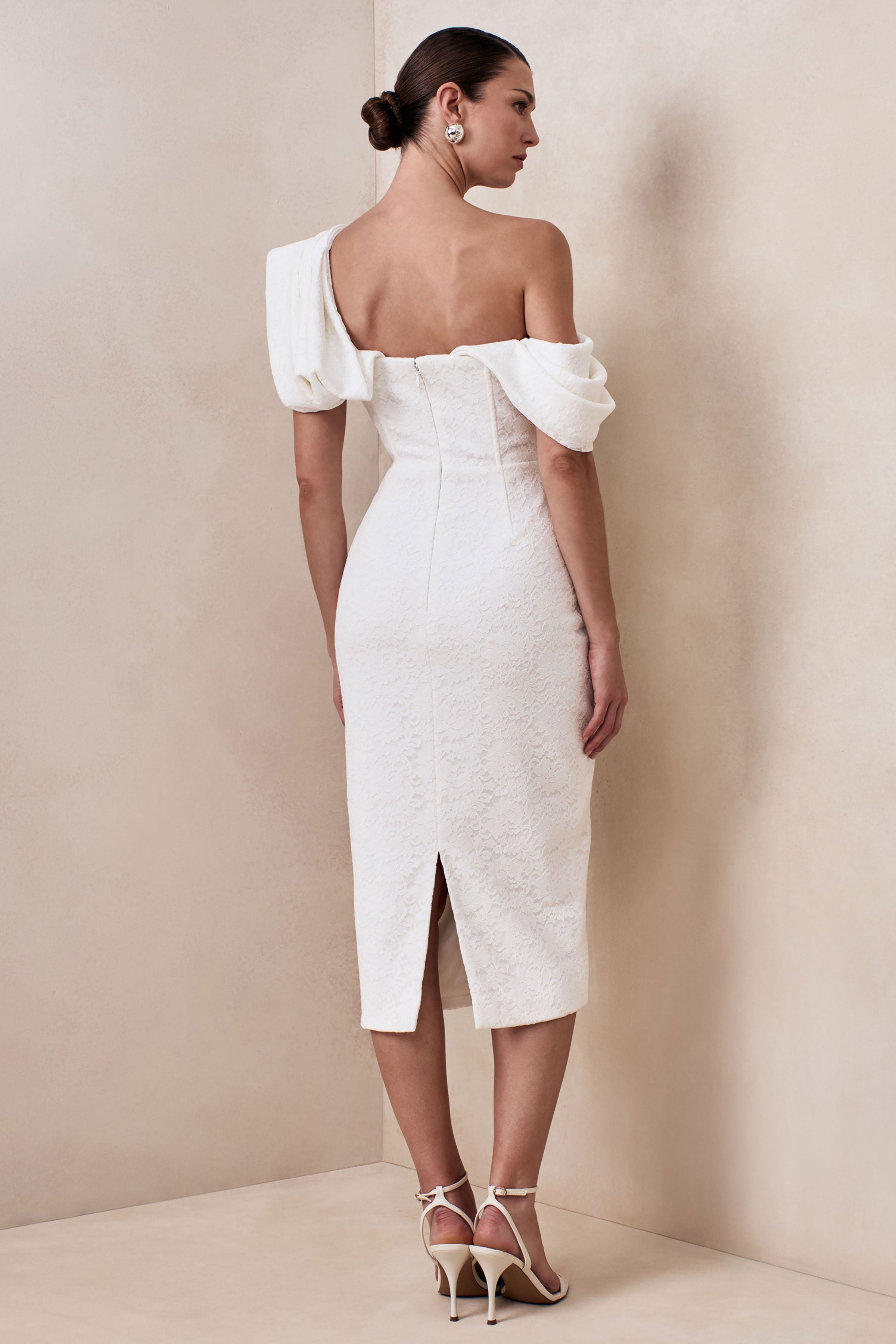 Farvera | White Draped Asymmetric-Neck Midi Dress