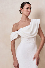 Farvera | White Draped Asymmetric-Neck Midi Dress