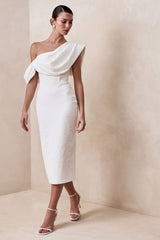Farvera | White Draped Asymmetric-Neck Midi Dress