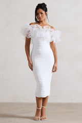 Ladylike | White Ruched Bardot Midi Dress With Organza Trim
