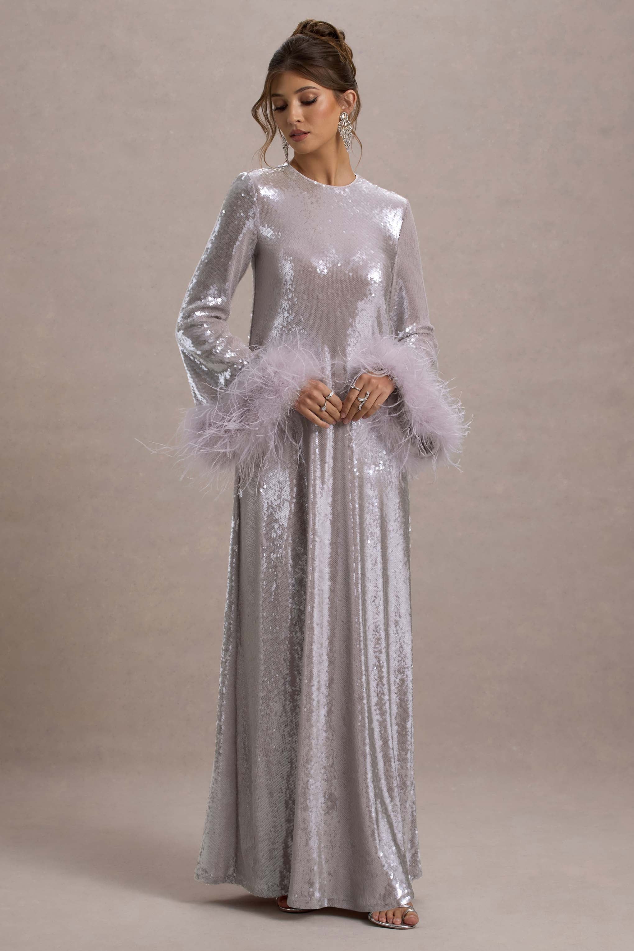 Tallie | Lilac Sequin Maxi Dress With Feather Trim