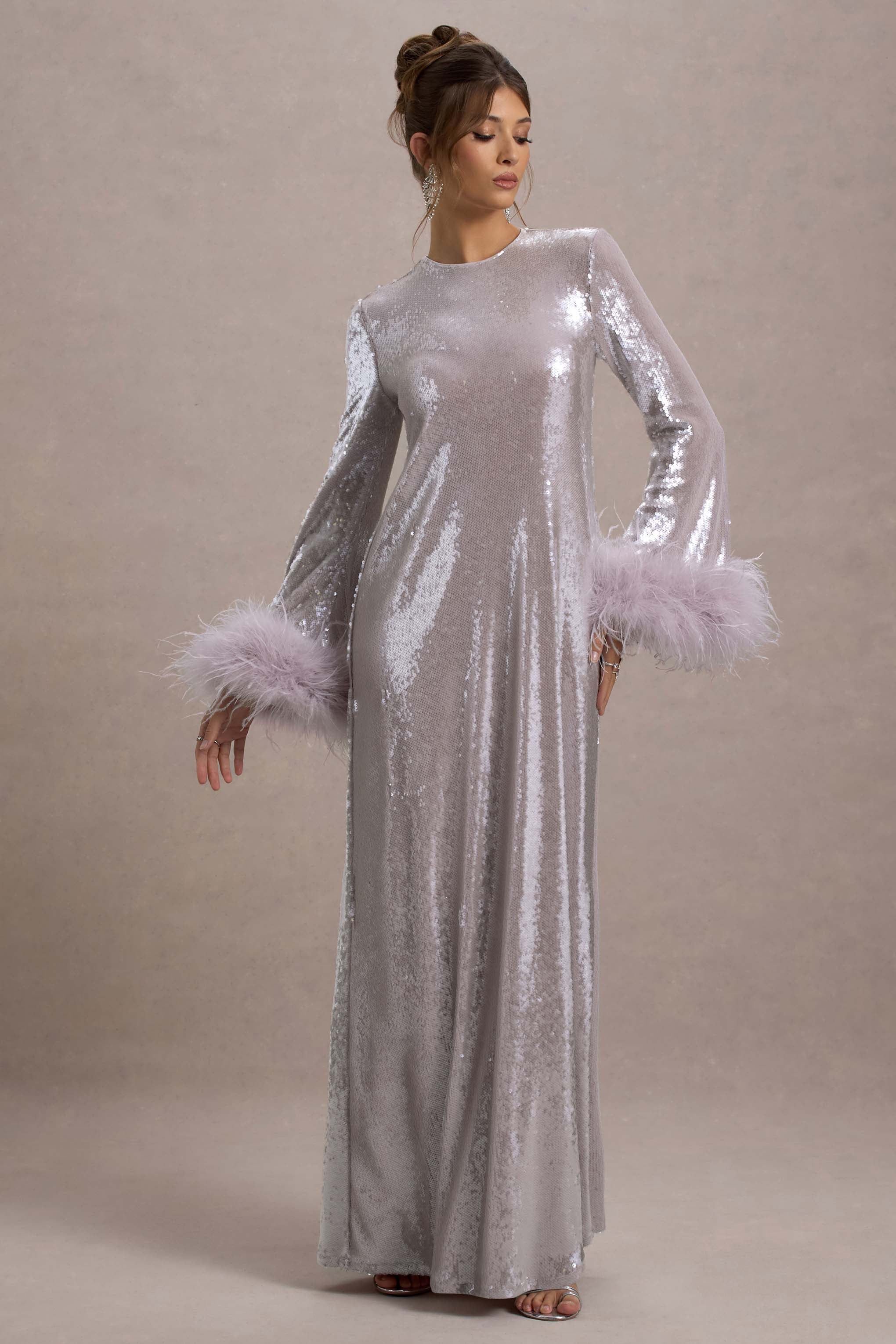 Tallie | Lilac Sequin Maxi Dress With Feather Trim