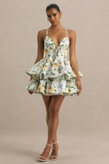 Flavia | White Botanical Print Plunge-Neck Ruffled Skater Micro-Mini Dress